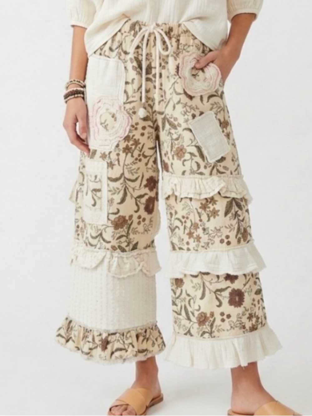 Pol cream patchwork ruffled wide leg pants